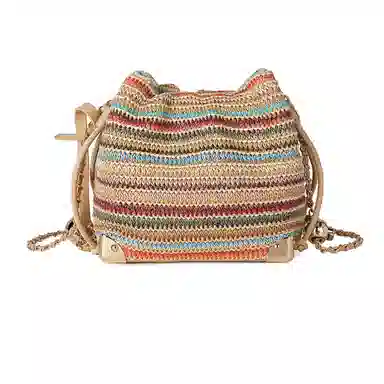 稻草人 小众时尚编织设计感链条包 聚丙烯拼聚氨酯革 水桶包单肩斜挎包 女款 七彩配咖色/七彩配杏色