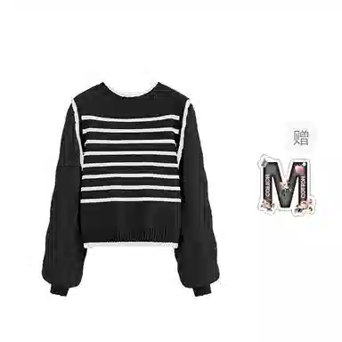 棉购 假两件圆领条纹拼接雪纺泡泡袖女新款显瘦减龄长袖针织衫 女款