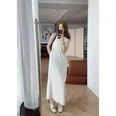 美洋 仿醋酸圆领无袖连衣裙