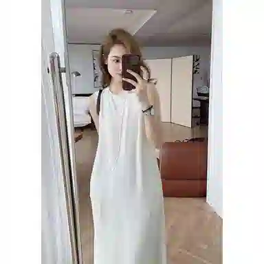 美洋 仿醋酸圆领无袖连衣裙