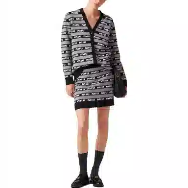 Miu Miu FW22 Striped Logo V-Neck Knit Sweater