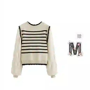 棉购 假两件圆领条纹拼接雪纺泡泡袖女新款显瘦减龄长袖针织衫 女款