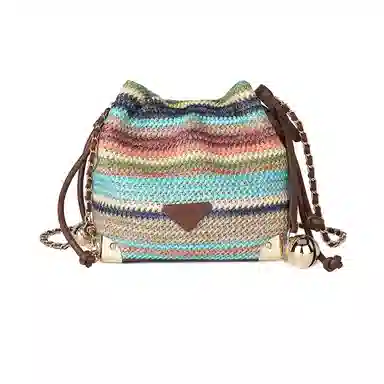 稻草人 小众时尚编织设计感链条包 聚丙烯拼聚氨酯革 水桶包单肩斜挎包 女款 七彩配咖色/七彩配杏色