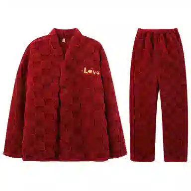 兰缪 新婚喜庆珊瑚绒加绒加厚本命年保暖长袖长裤睡衣套装 男款 红色