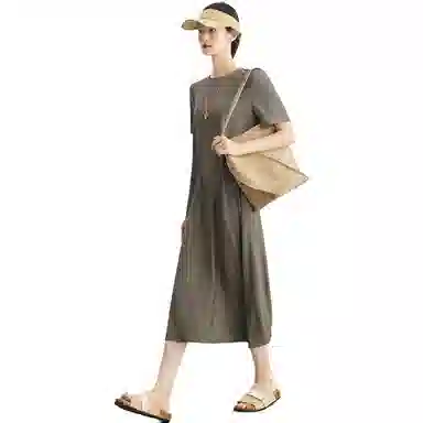 美洋 仿醋酸圆领无袖连衣裙