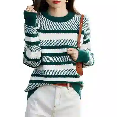 【dme】 条纹圆领长袖针织衫 女款 绿白条纹