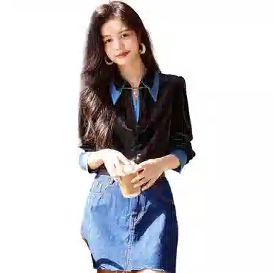 【dme】 时尚牛仔拼接休闲尖领复古丝绒长袖衬衫 女款 黑色