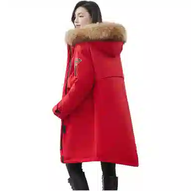 鸭鸭 纯色连帽宽松拉链中长款长袖羽绒服 女款