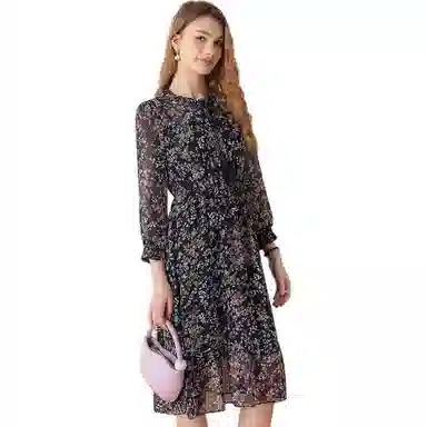 粉红玛琍 圆领高腰套头碎花长袖连衣裙 女款