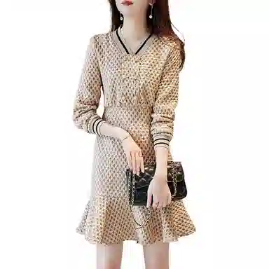 【dme】 鱼尾裙收腰压褶格子长袖连衣裙 皮粉