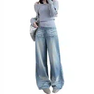 美洋 纯色休闲高腰牛仔裤 女款 蓝色