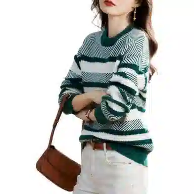【dme】 条纹圆领长袖针织衫 女款 绿白条纹