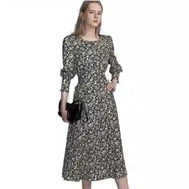 【dme】 碎花满印休闲长袖连衣裙 黑色