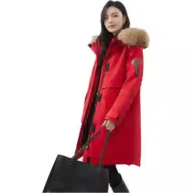 鸭鸭 纯色连帽宽松拉链中长款长袖羽绒服 女款