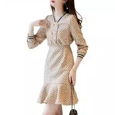 【dme】 鱼尾裙收腰压褶格子长袖连衣裙 皮粉