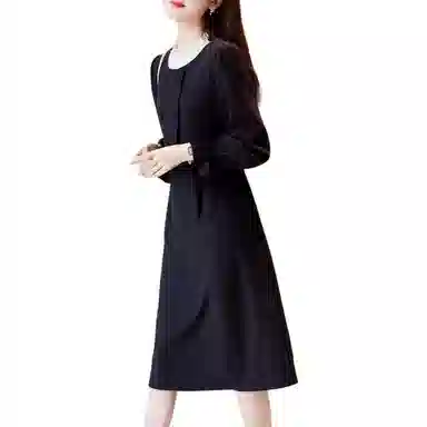 【dme】 假两件法式赫本收腰长长袖连衣裙 黑色