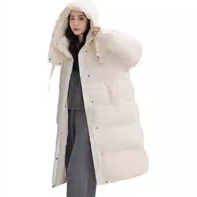 鸭鸭 纯色加厚中长款连帽拉链羽绒服 女款