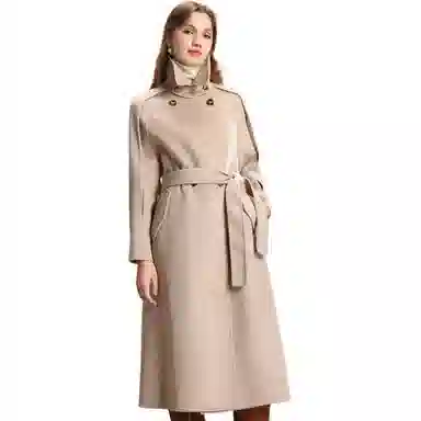 粉红玛琍 翻领纯色中长款长袖系带大衣 女款