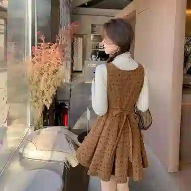 花栗鼠小姐 绣花丝绒印花短款无袖连衣裙 女款