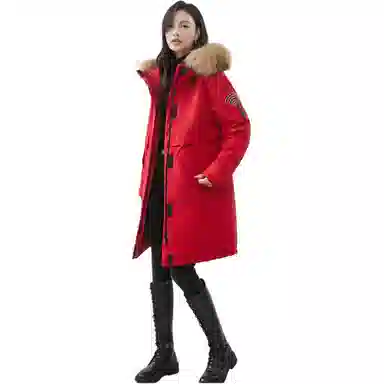 鸭鸭 纯色连帽宽松拉链中长款长袖羽绒服 女款