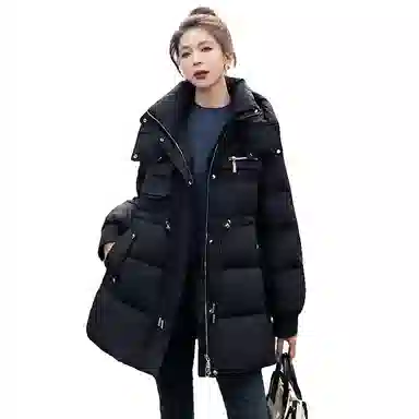 鸭鸭 韩版时尚印花收腰纯色简约立领连帽通勤甜美校园风羽绒服 女款