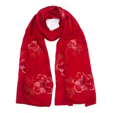 上海故事 真丝刺绣素绉缎长巾 丝韵牡丹 桑蚕丝 丝巾 女款