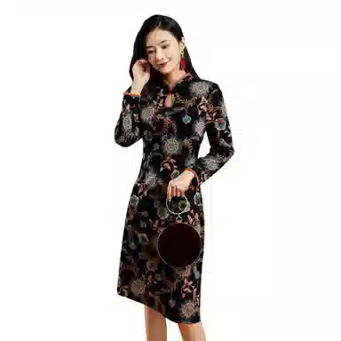 恒源祥 国风复古印花长袖连衣裙 黑色