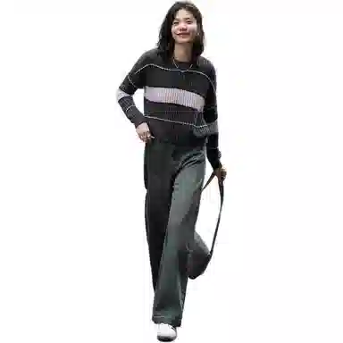 【dme】 休闲宽松条纹圆领长袖毛衣 女款 深灰