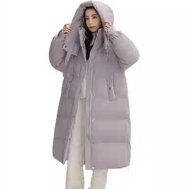 鸭鸭 纯色加厚中长款连帽拉链羽绒服 女款