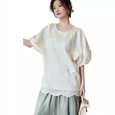 【dme】 休闲圆领花边短袖衬衫 女款