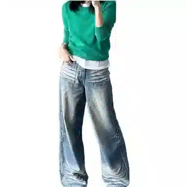 美洋 纯色休闲高腰牛仔裤 女款 蓝色