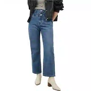 美洋 纯色拉链高腰直筒牛仔裤 女款