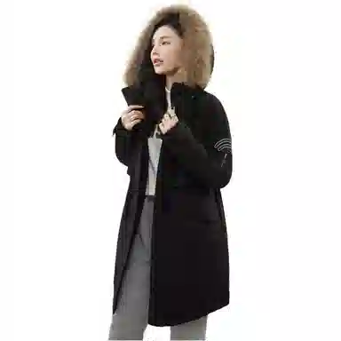 鸭鸭 纯色连帽宽松拉链中长款长袖羽绒服 女款