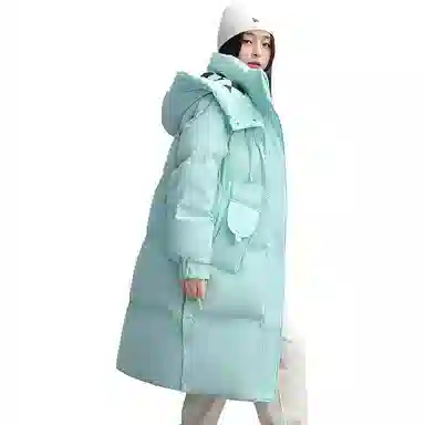 鸭鸭 简约宽松中长纯色棋盘格连帽拉链口袋加厚长袖羽绒服 女款