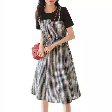 【dme】 拼接圆领宽松中长款休闲短袖连衣裙 女款 黑色