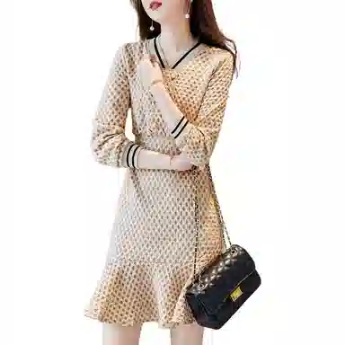 【dme】 鱼尾裙收腰压褶格子长袖连衣裙 皮粉