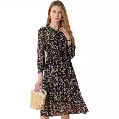 粉红玛琍 圆领高腰套头碎花长袖连衣裙 女款