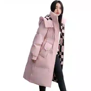 鸭鸭 简约宽松中长纯色棋盘格连帽拉链口袋加厚长袖羽绒服 女款