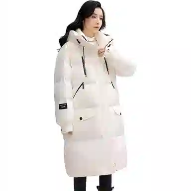 鸭鸭 纯色加厚连帽拉链中长宽松口袋休闲羽绒服 女款