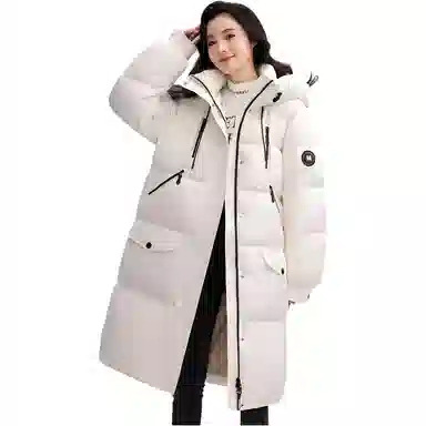 鸭鸭 纯色加厚连帽拉链中长宽松口袋休闲羽绒服 女款