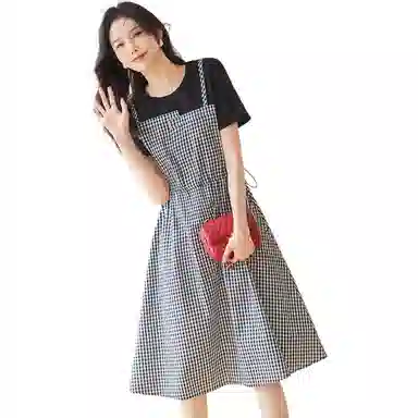 【dme】 拼接圆领宽松中长款休闲短袖连衣裙 女款 黑色