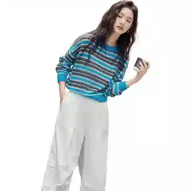 【dme】 时尚休闲圆领宽松长袖毛衣 女款 蓝条纹色