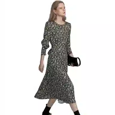 【dme】 碎花满印休闲长袖连衣裙 黑色