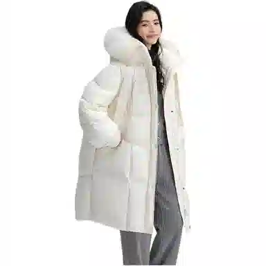 鸭鸭 通勤长款纯色连帽简约保暖羽绒服 女款