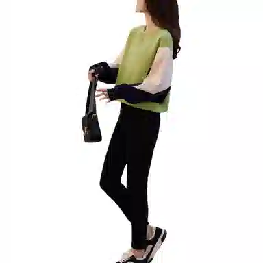 【dme】 拼色短款宽松休闲长袖套头卫衣 女款 苹果绿