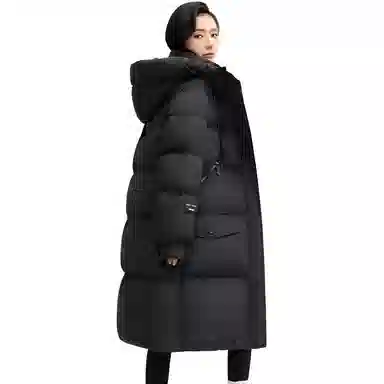 鸭鸭 纯色加厚连帽拉链中长宽松口袋休闲羽绒服 女款