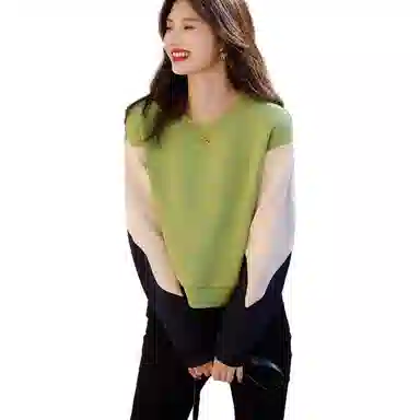 【dme】 拼色短款宽松休闲长袖套头卫衣 女款 苹果绿
