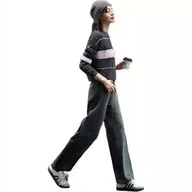 【dme】 休闲宽松条纹圆领长袖毛衣 女款 深灰