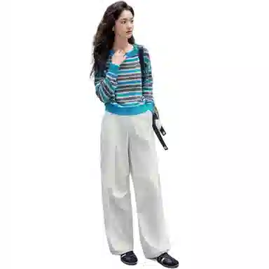 【dme】 时尚休闲圆领宽松长袖毛衣 女款 蓝条纹色