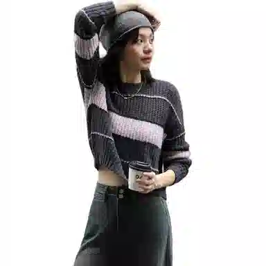 【dme】 休闲宽松条纹圆领长袖毛衣 女款 深灰